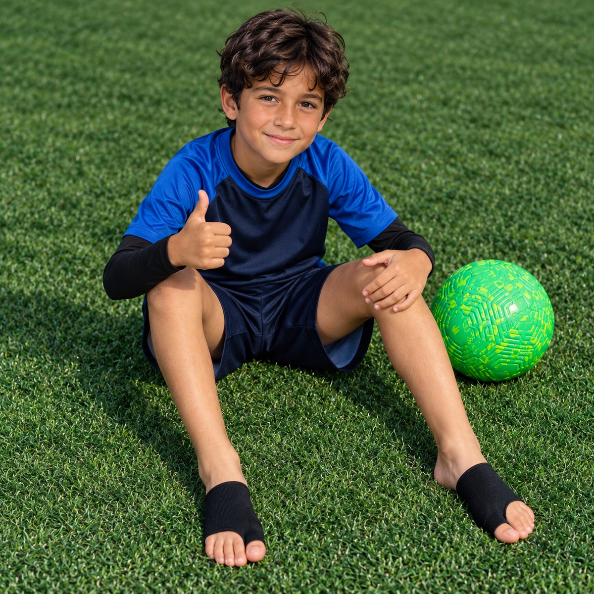 Bambino seduto sul campo da calcio con protezioni PassoForte su avampiede e alluce